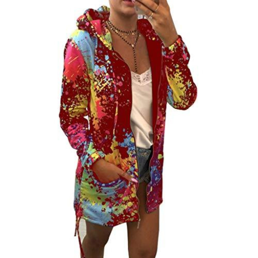 GR | Thin multi-colored hooded jacket with zipper and pockets, long jacket