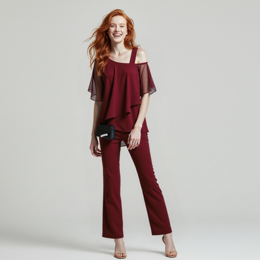 GR Women's Two-Piece Set | Elegant Jumpsuit with Cold Shoulder Blouse 