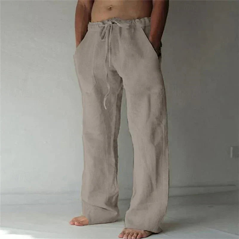 GR | Wide-leg trousers, breathable linen, relaxed fit, drawstring waistband, full length