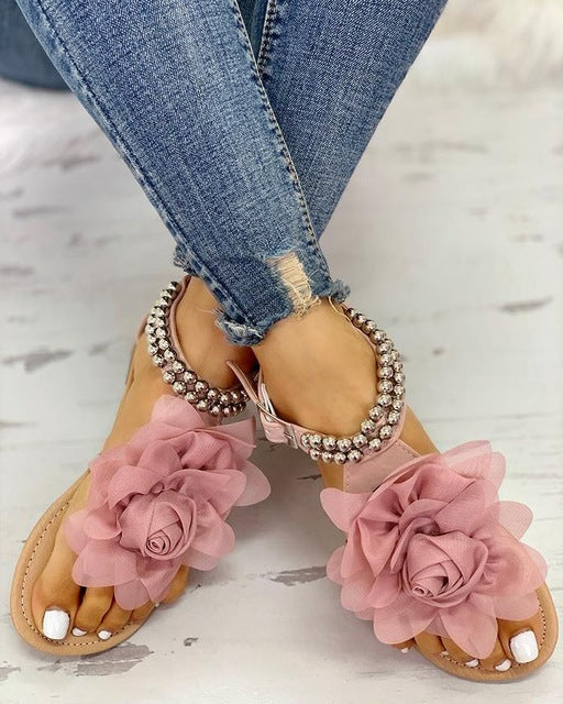 GR | Comfortable floral beaded strap flat sandal