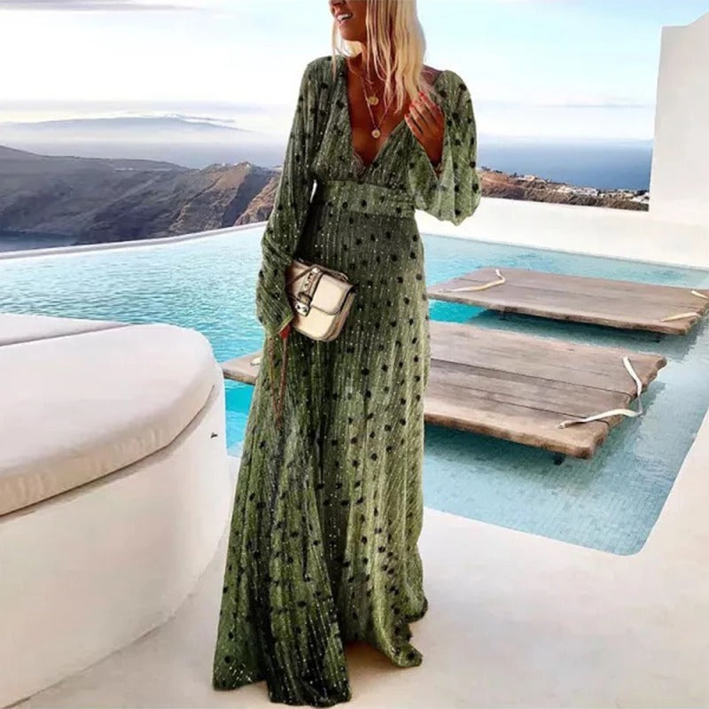 GR | Elegant long dress with polka dot print