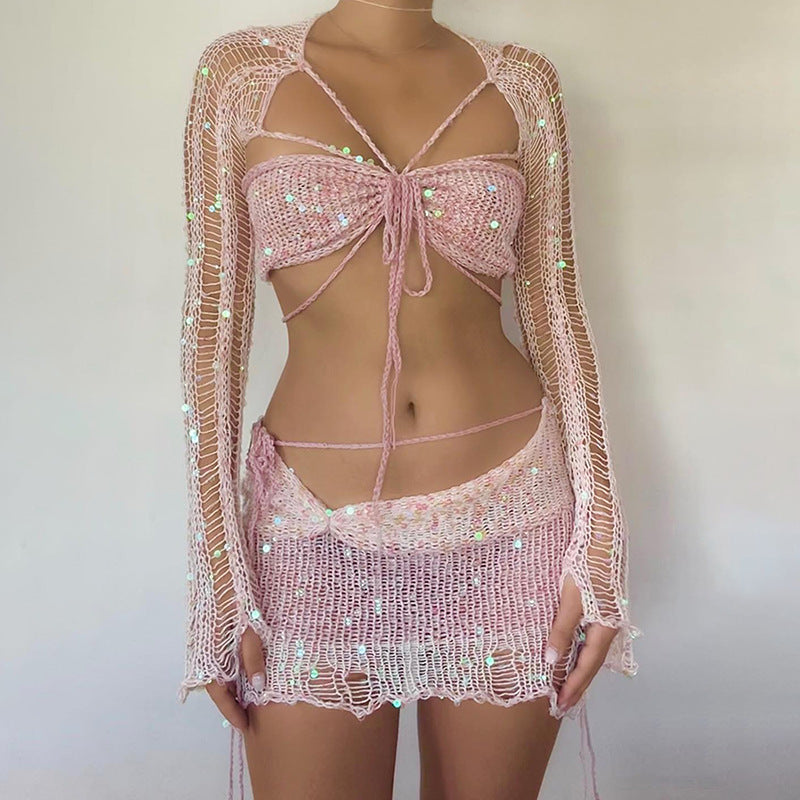 GR Two-piece long-sleeved sequined knit top with neckline and bodycon skirt