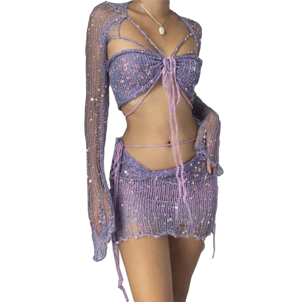 GR Two-piece long-sleeved sequined knit top with neckline and bodycon skirt