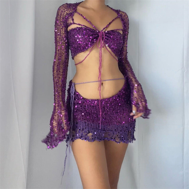 GR Two-piece long-sleeved sequined knit top with neckline and bodycon skirt