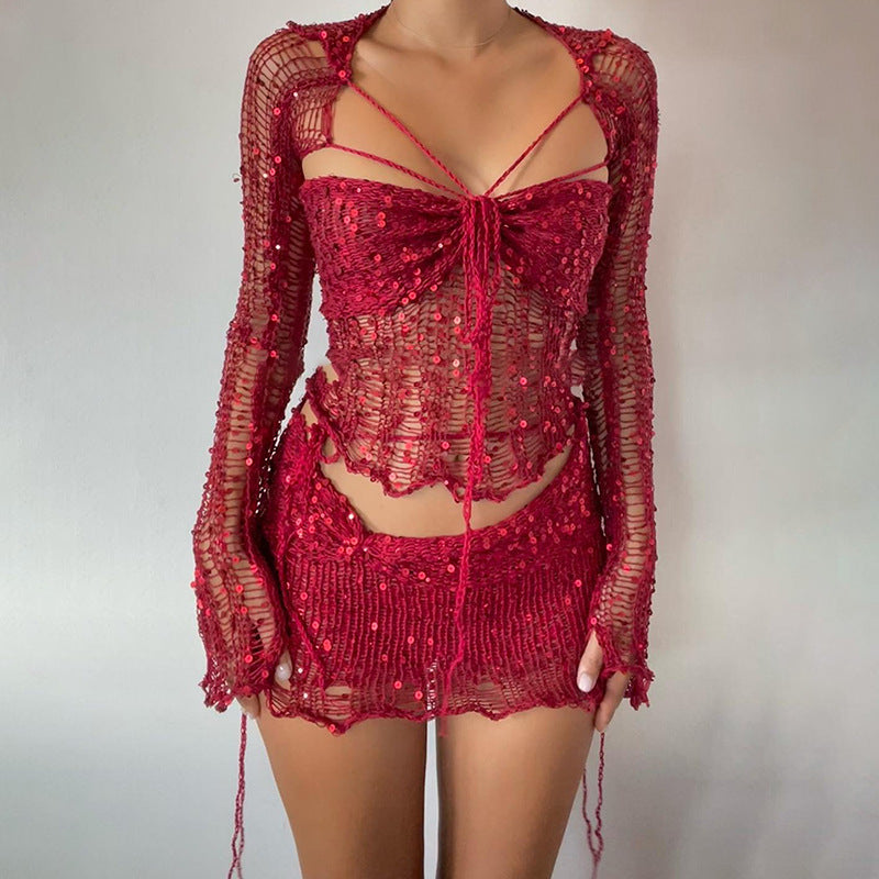 GR Two-piece long-sleeved sequined knit top with neckline and bodycon skirt