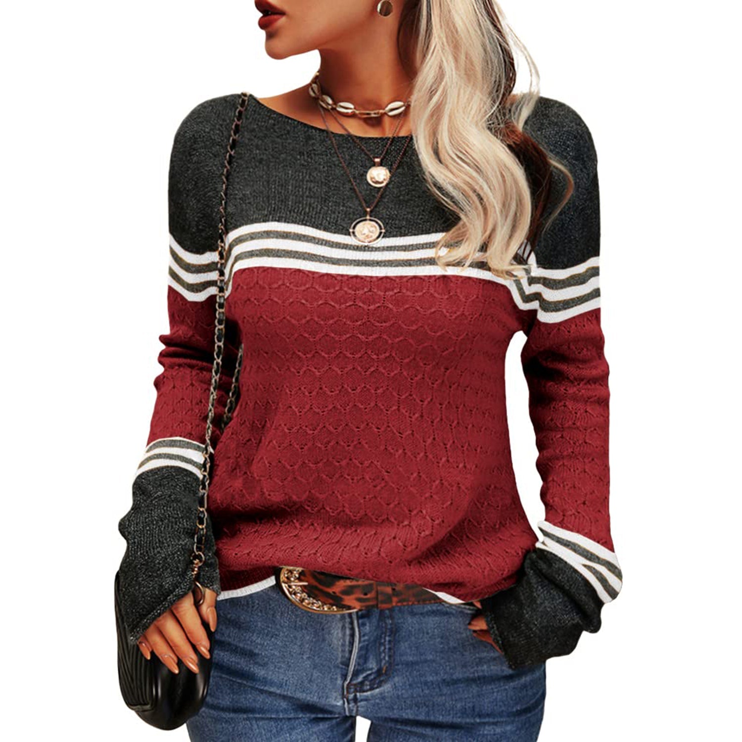 GR - Damen Zwei-Farben Farbblock Pullover