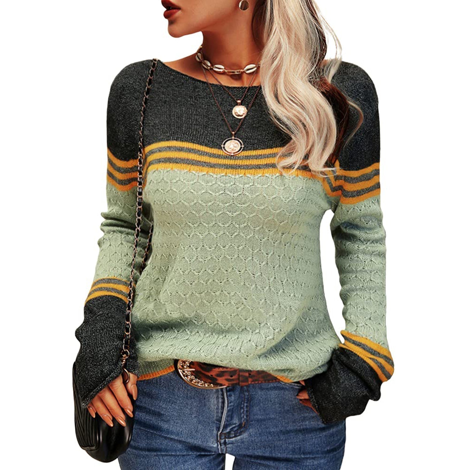 GR - Damen Zwei-Farben Farbblock Pullover