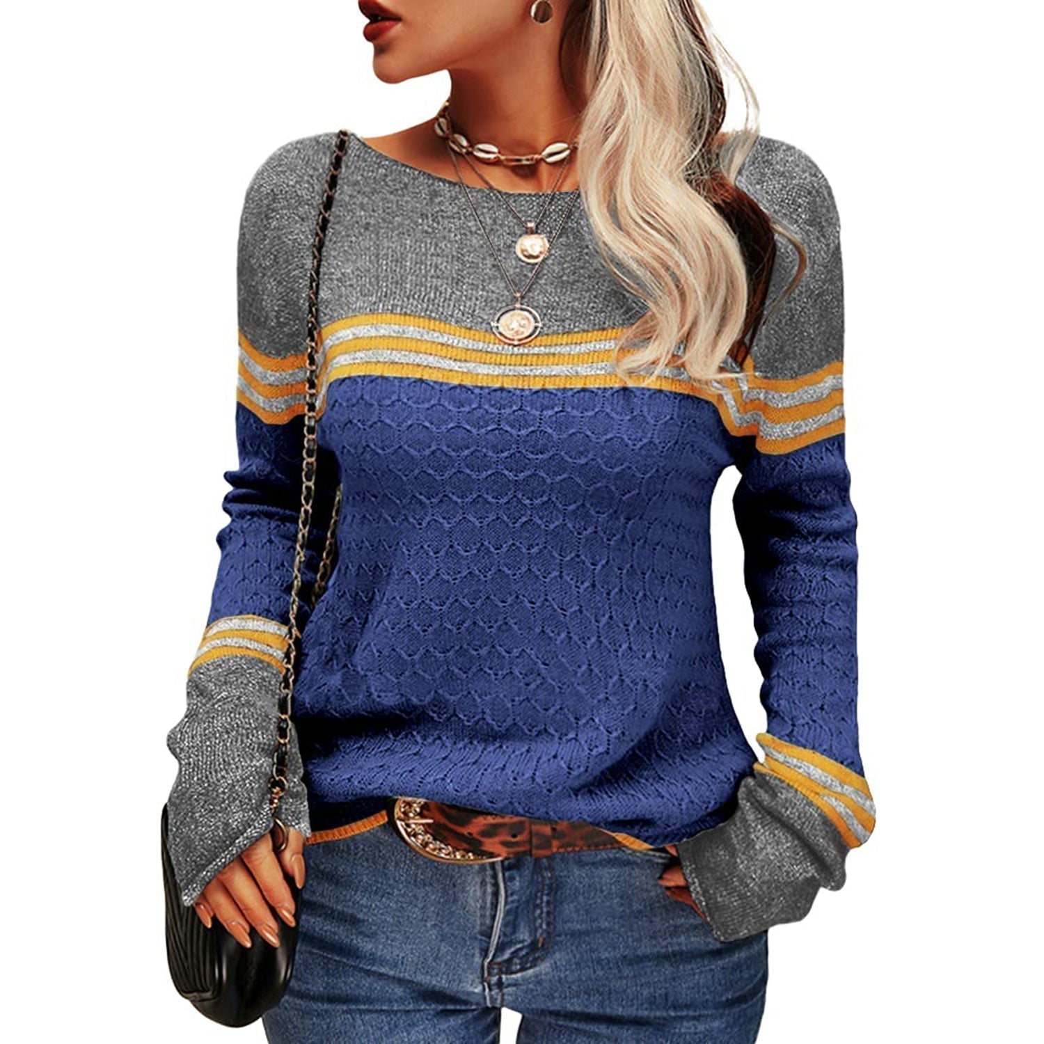 GR - Damen Zwei-Farben Farbblock Pullover