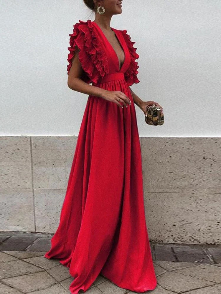 GR - Elegant V-neck dress with ruffled sleeves