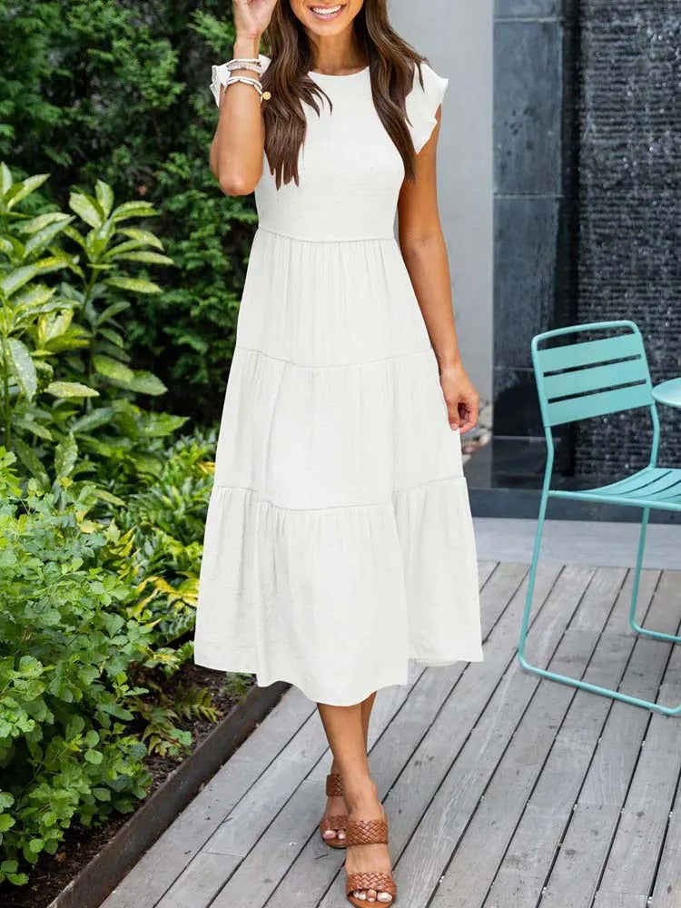 GR | Elegant pleated layered dress with short sleeves