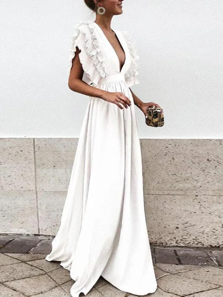 GR | Elegant dress with V-neck and ruffled hems