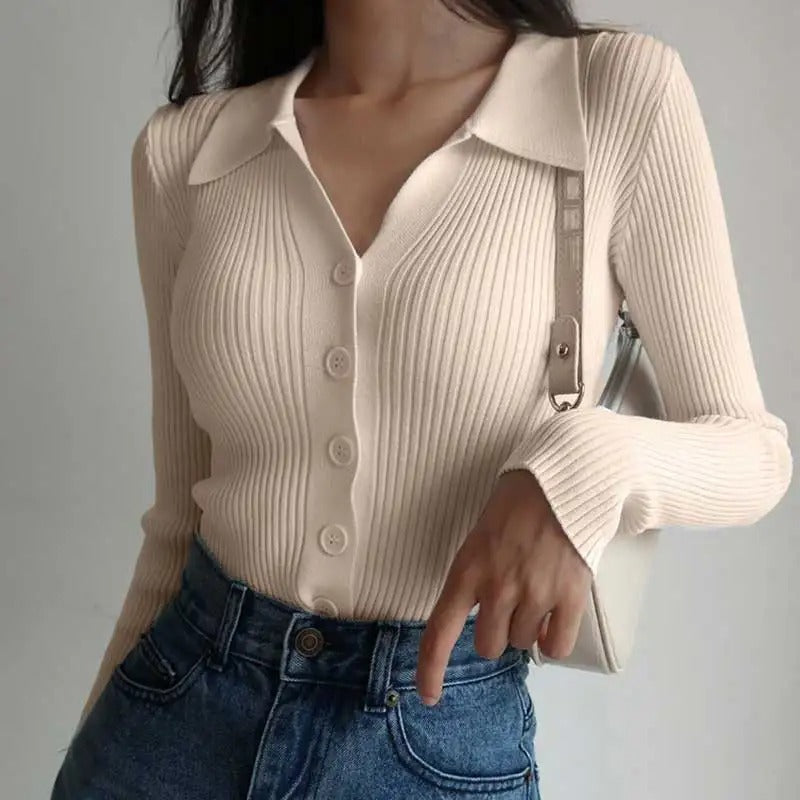 GR | Eleganter gestrickter Stretch-Polopullover für Frauen