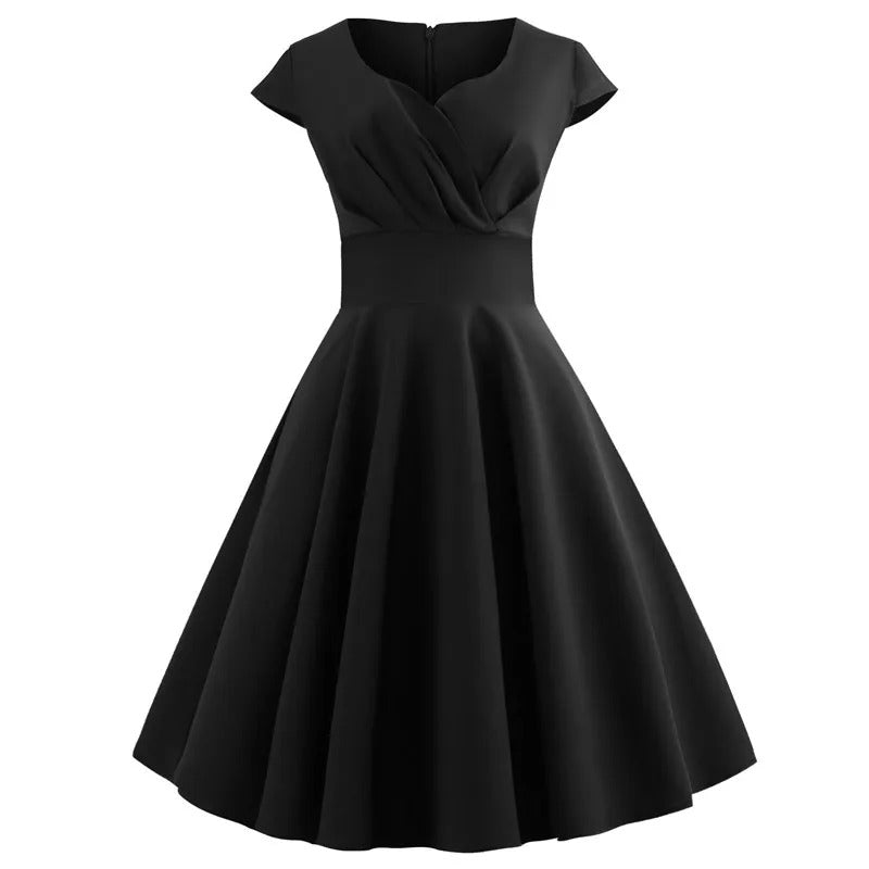 GR | Vintage Sommerkleid mit großem V-Ausschnitt, lockerer Passform und Rüschen