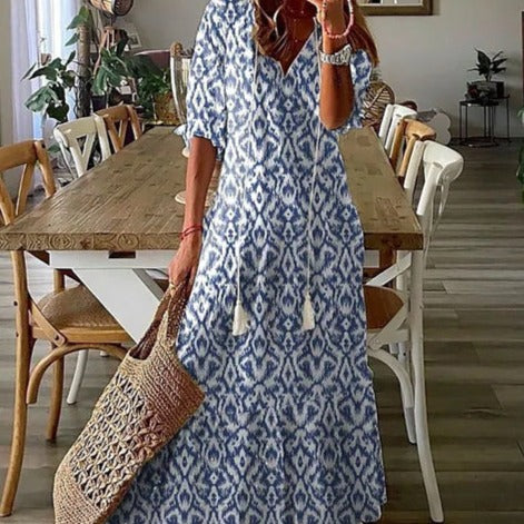 GR | Maxi dress with half sleeves and V-neck with floral pattern