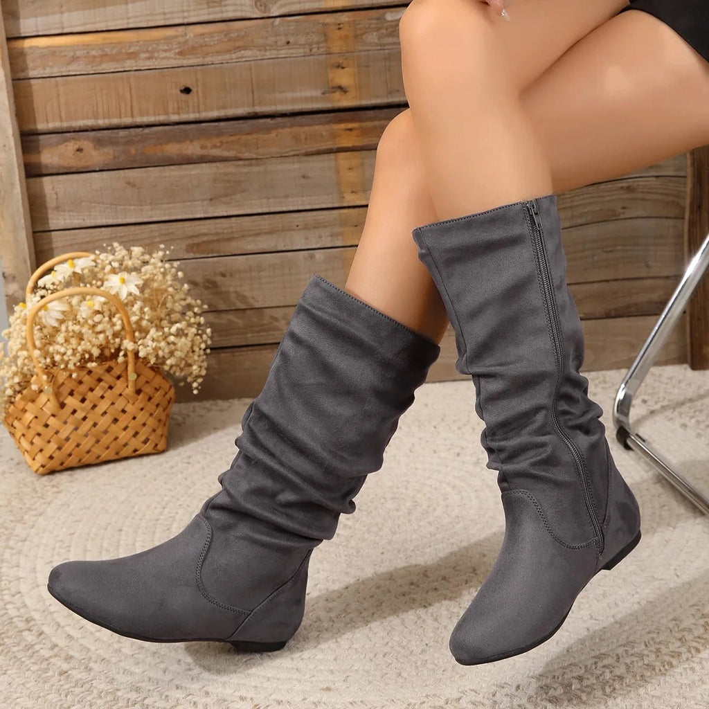 GR | Women's Suede Boots with Side Zipper, Calf-Length, Spring Collection