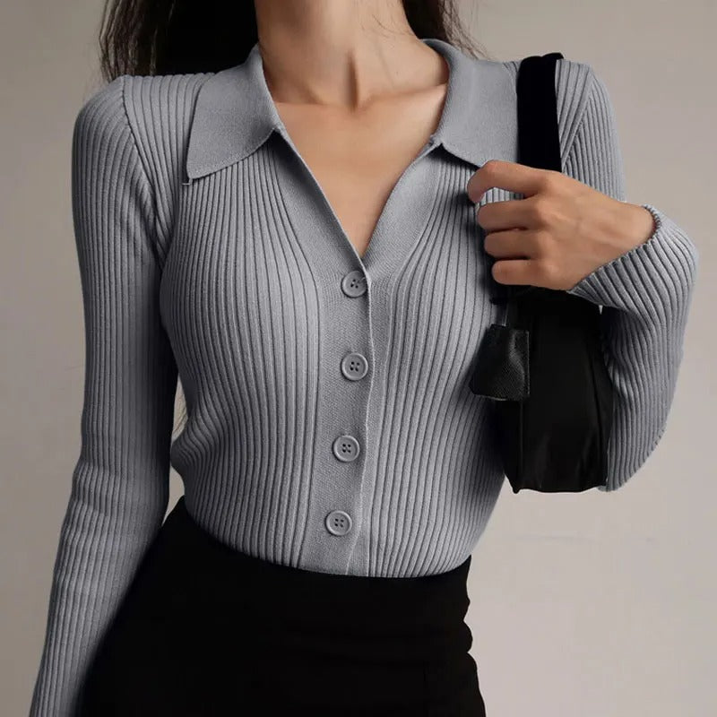GR | Eleganter gestrickter Stretch-Polopullover für Frauen