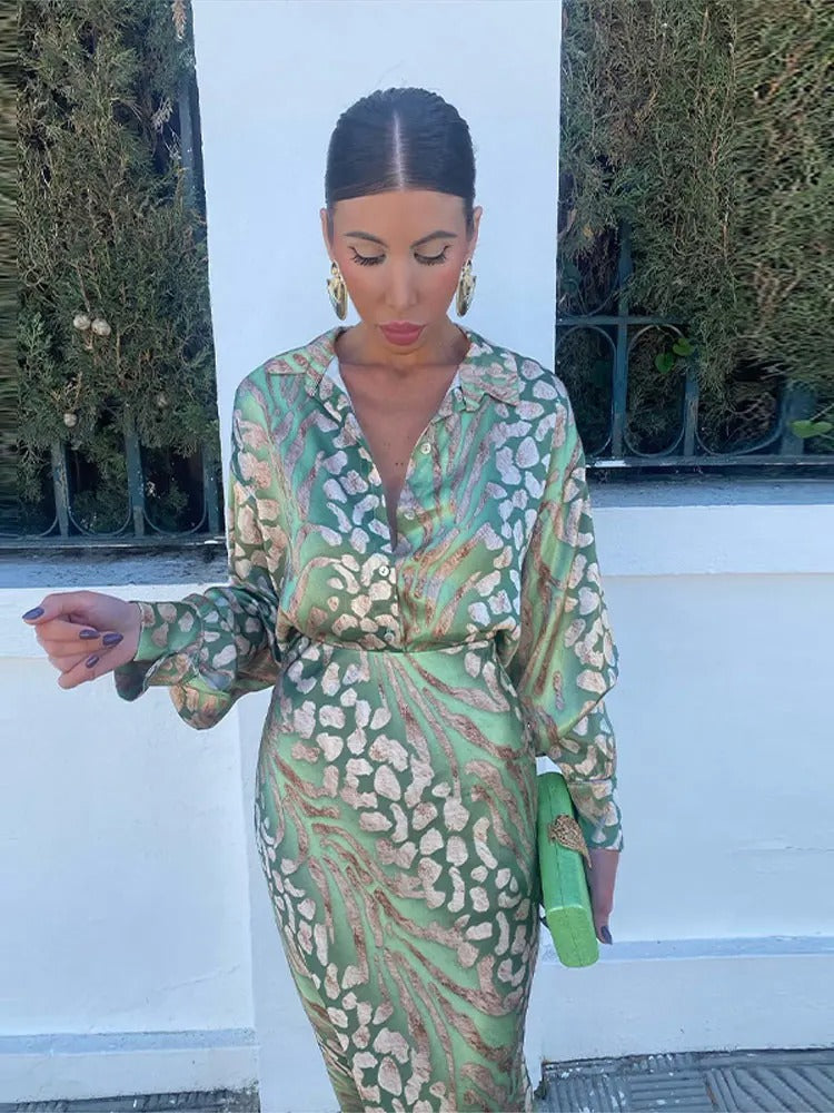 GR | Satin Printed Midi Dress with Long Sleeves for Women