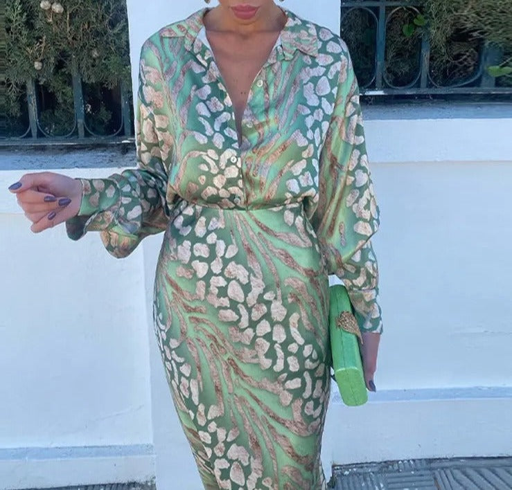 GR | Kleid Set - Damen - Eleganter Sommerstil mit Luxuriösem Muster - Lange Ärmel