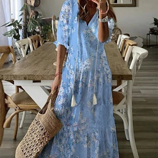 GR | Maxi dress with half sleeves and V-neck with floral pattern