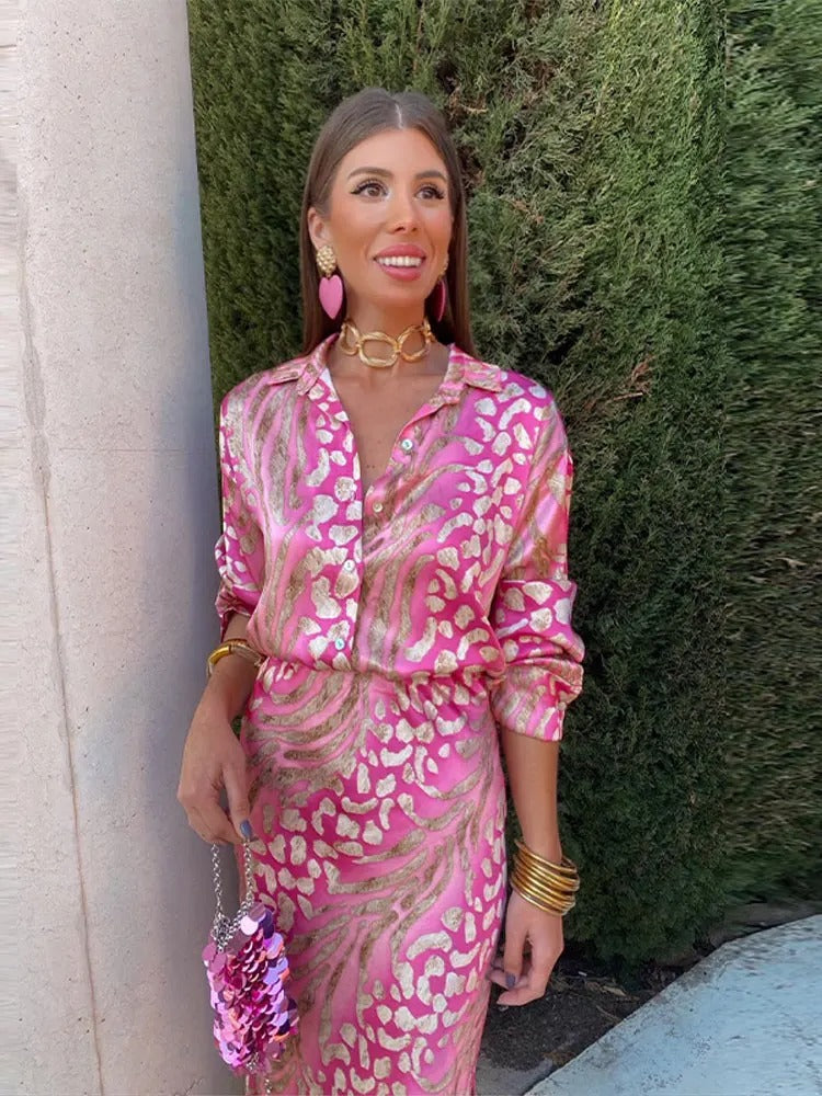GR | Satiniertes Bedrucktes Midi Kleid Mit Langen Ärmeln Für Damen