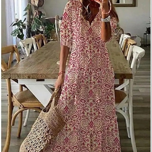 GR | Maxi dress with half sleeves and V-neck with floral pattern