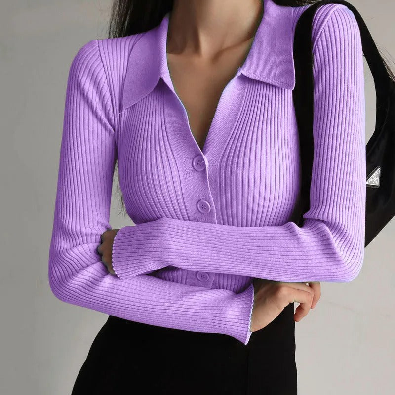 GR | Eleganter gestrickter Stretch-Polopullover für Frauen