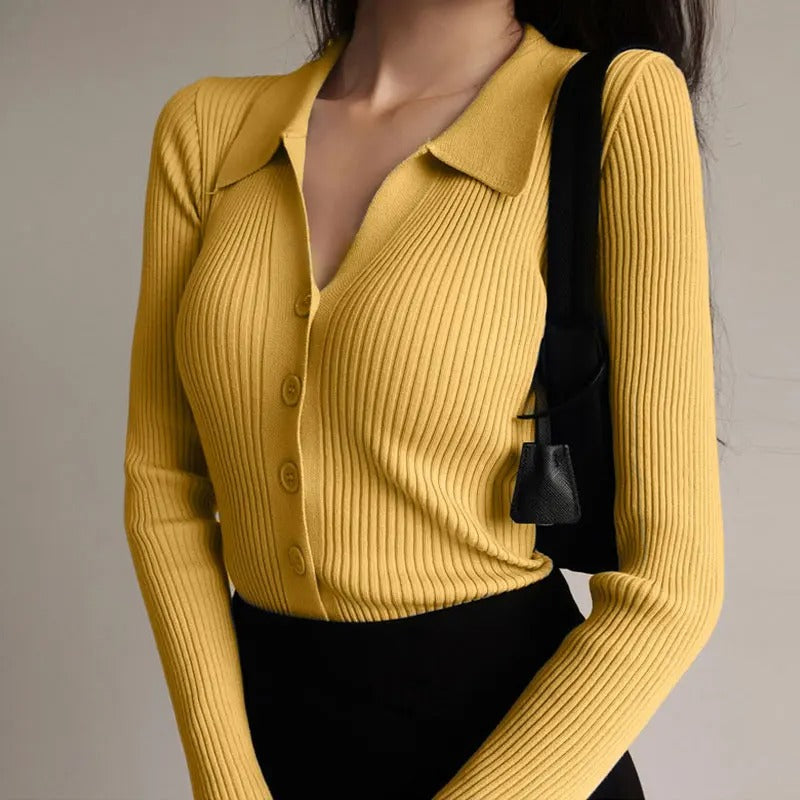 GR | Eleganter gestrickter Stretch-Polopullover für Frauen