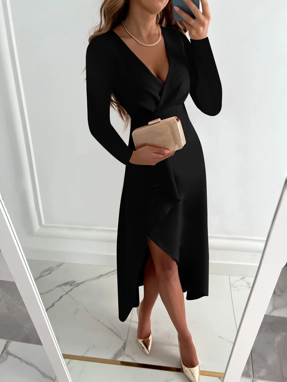 GR | Elegant V-neck wrap dress with long sleeves for women