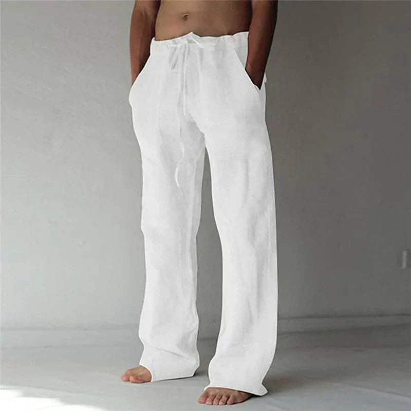 GR | Wide-leg trousers, breathable linen, relaxed fit, drawstring waistband, full length