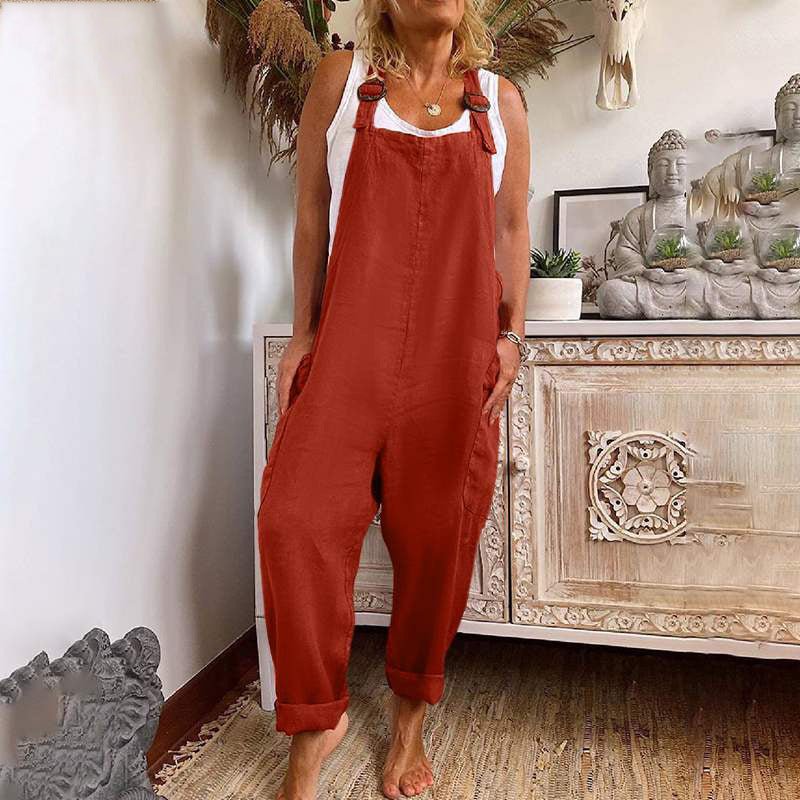 GR | Wide-Leg Overall for Women with Adjustable Buckle, Cotton and Linen, Pocket Overalls 