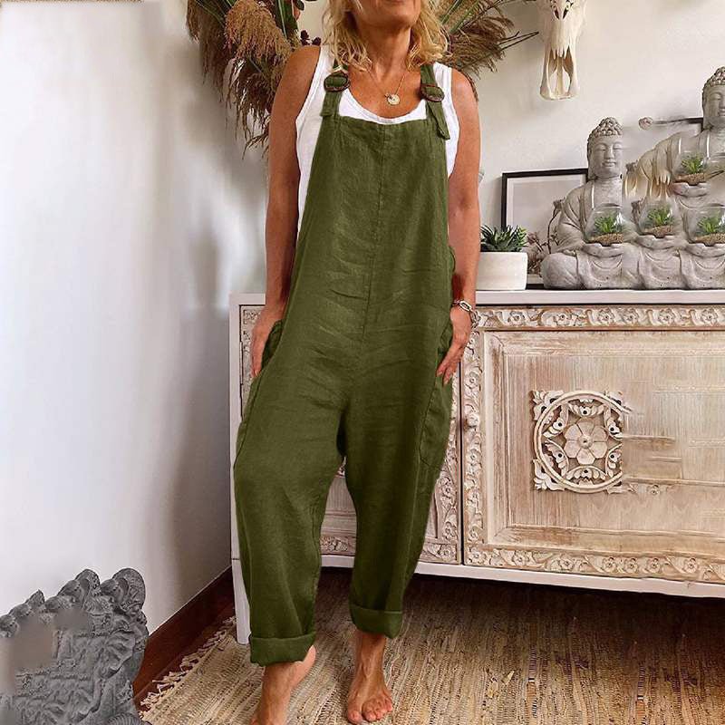 GR | Wide-Leg Overall for Women with Adjustable Buckle, Cotton and Linen, Pocket Overalls 