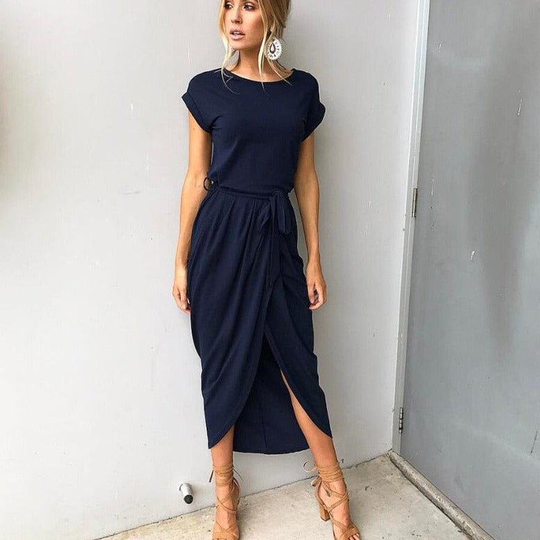 GR | Fashionable short-sleeved maxi dress with round neckline and front slit