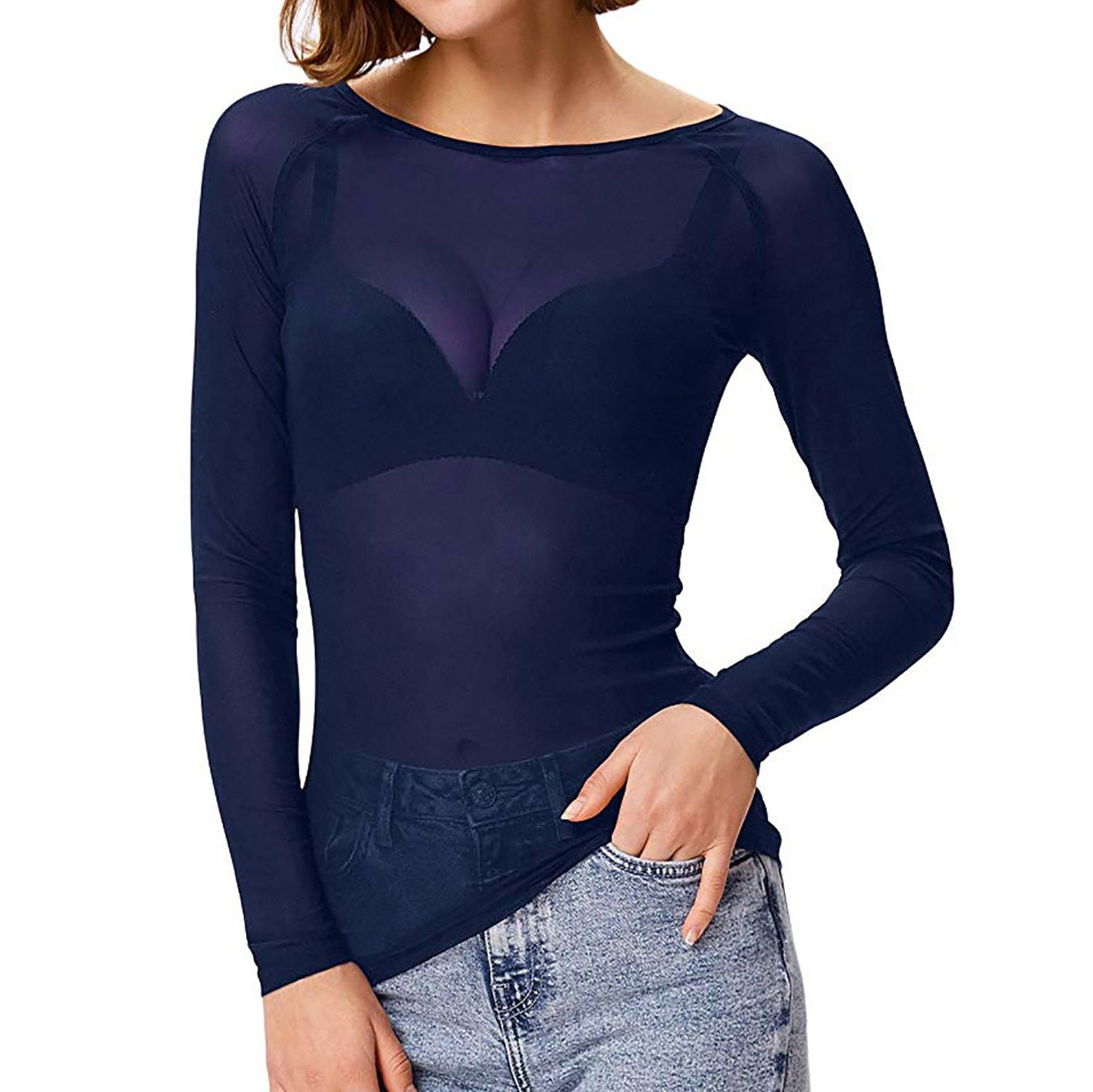 GR | Transparent mesh long-sleeved top for women