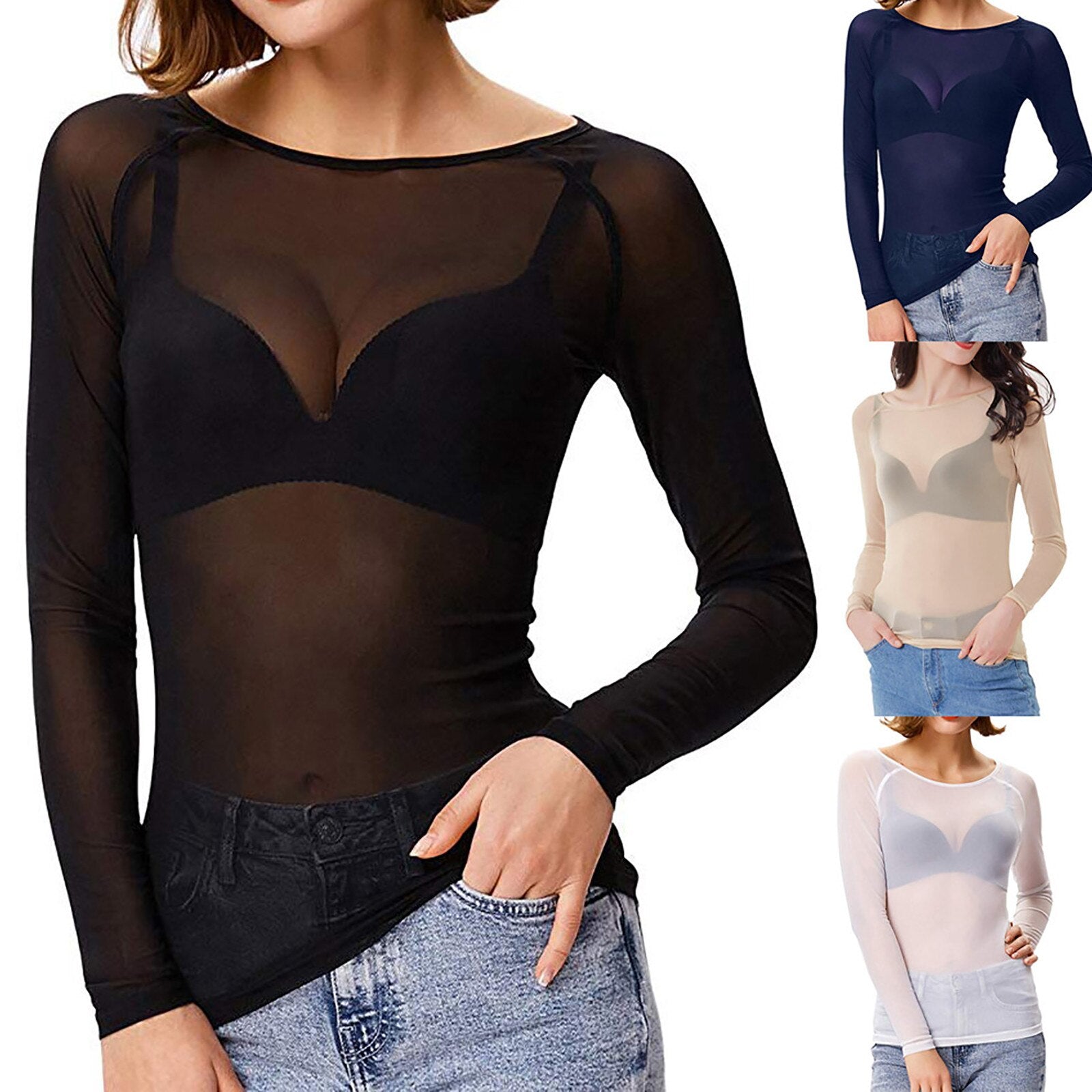 GR | Transparent Mesh Long Sleeve Top for Women