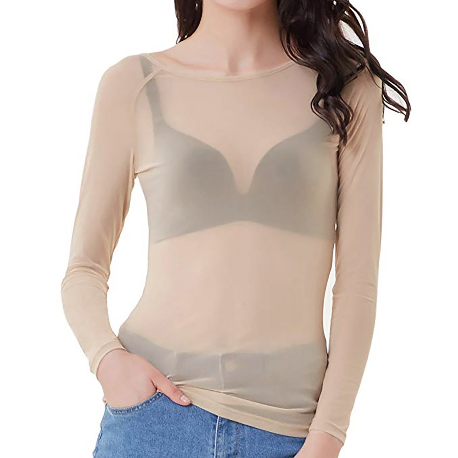 GR | Transparent Mesh Long Sleeve Top for Women