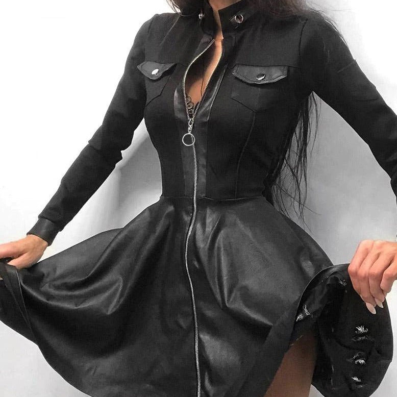 GR Leder-Reißverschluss Minikleid