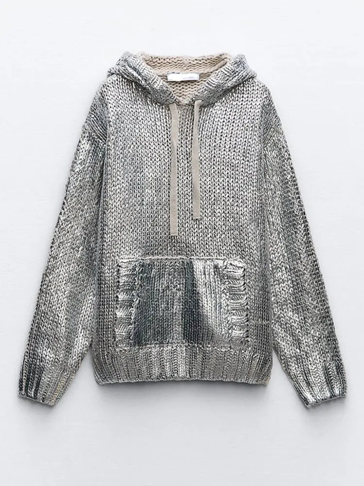 GR | Schicker Damen-Kapuzenpullover Mit Metallic-Rippbesatz Und Folie