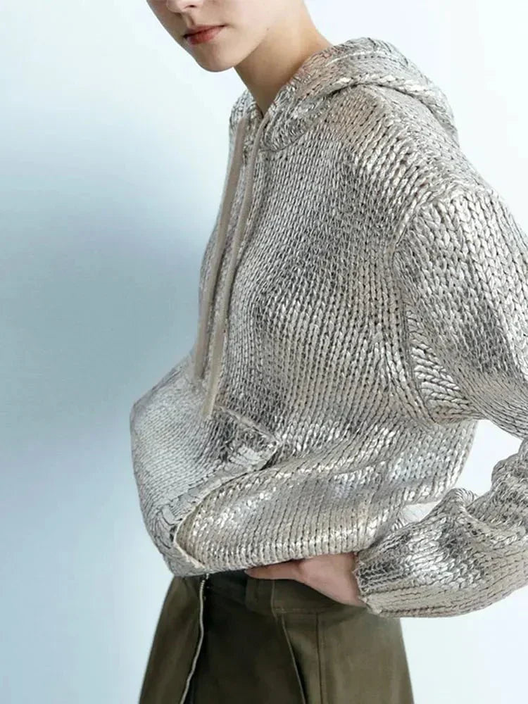 GR | Schicker Damen-Kapuzenpullover Mit Metallic-Rippbesatz Und Folie