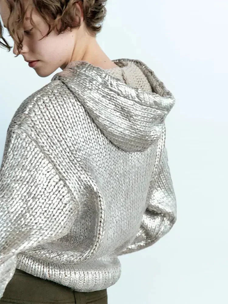 GR | Schicker Damen-Kapuzenpullover Mit Metallic-Rippbesatz Und Folie