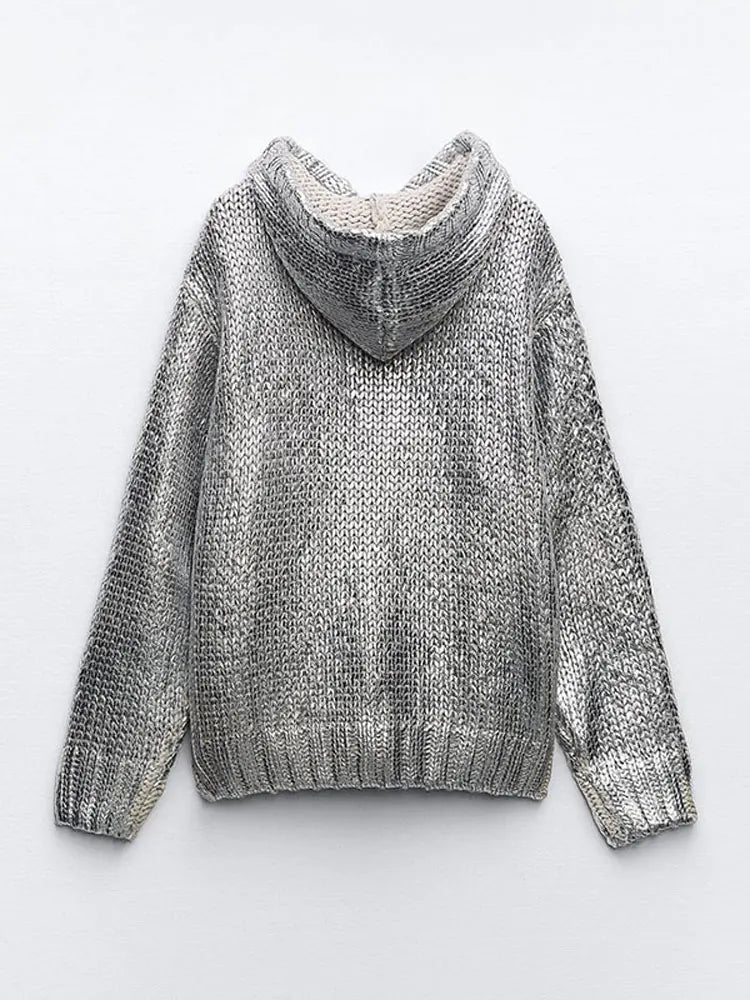 GR | Schicker Damen-Kapuzenpullover Mit Metallic-Rippbesatz Und Folie