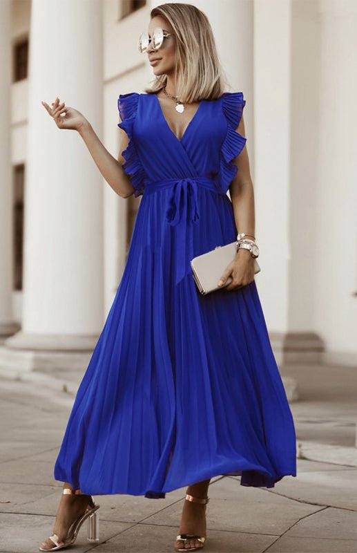 GR | Women's Beach Sexy Lotus Leaf Sleeve Chiffon Pleated Skirt Solid Color Dress