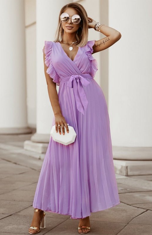 GR | Women's Beach Sexy Lotus Leaf Sleeve Chiffon Pleated Skirt Solid Color Dress