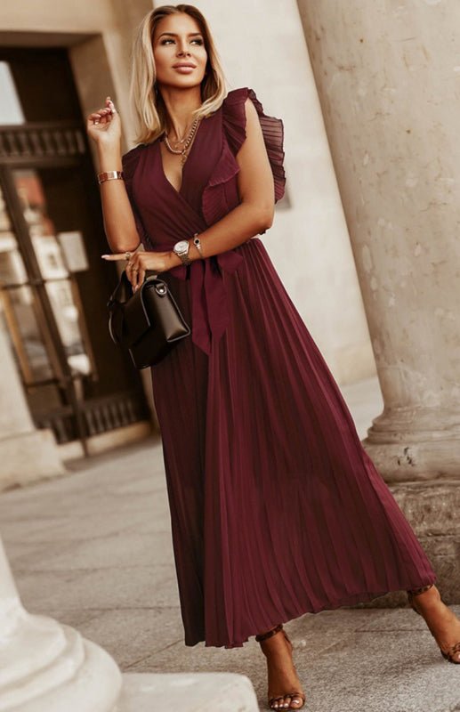 GR | Women's Beach Sexy Lotus Leaf Sleeve Chiffon Pleated Skirt Solid Color Dress
