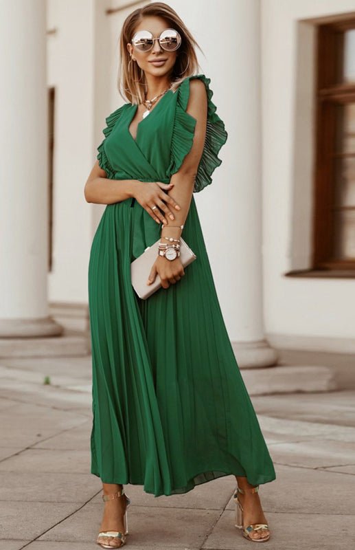 GR | Women's Beach Sexy Lotus Leaf Sleeve Chiffon Pleated Skirt Solid Color Dress