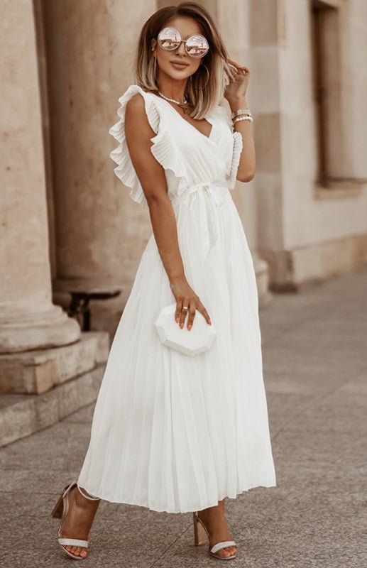 GR | Women's Beach Sexy Lotus Leaf Sleeve Chiffon Pleated Skirt Solid Color Dress