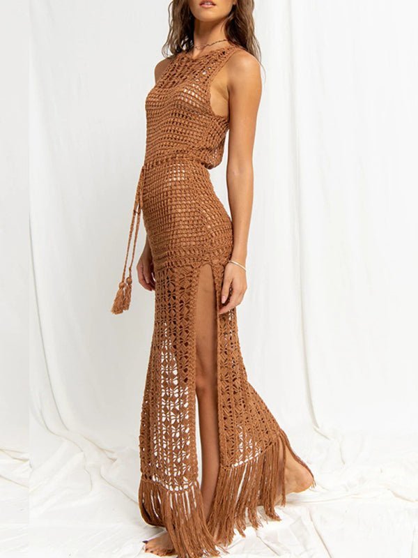 GR | Damen Bikinioberteil Hohes Spitze Quaste Badeanzug Mantel Strand Lange Kleid