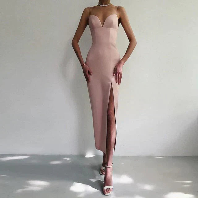 GR | Midikleid Mit V-ausschnitt Und Spaghettiträgern