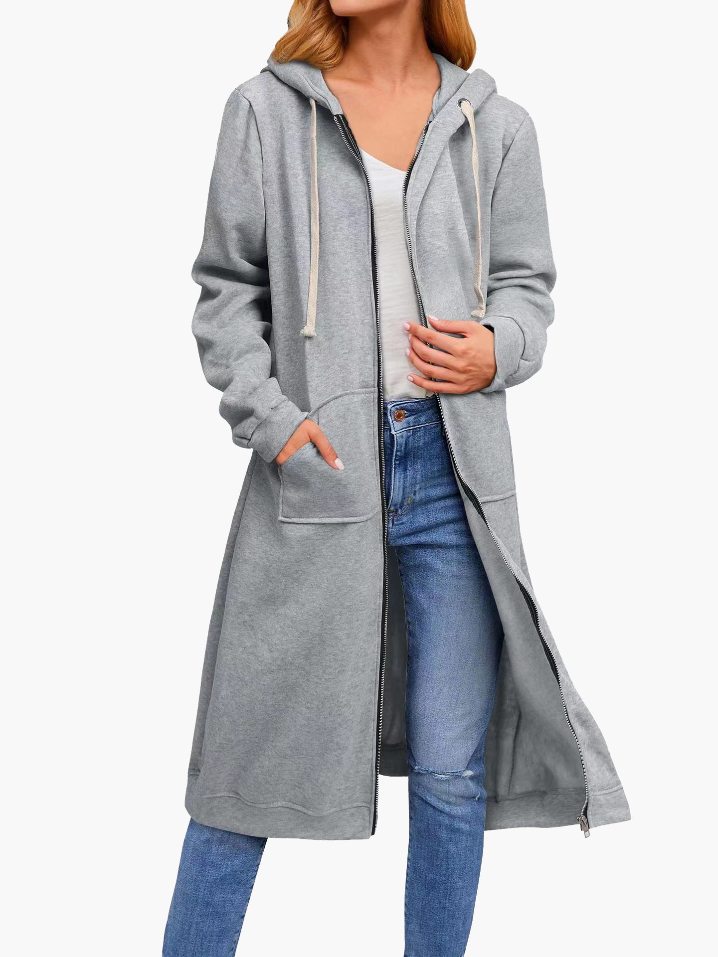 GR | Women's Casual Cardigan with Zipper, Pockets, and Hood, Long