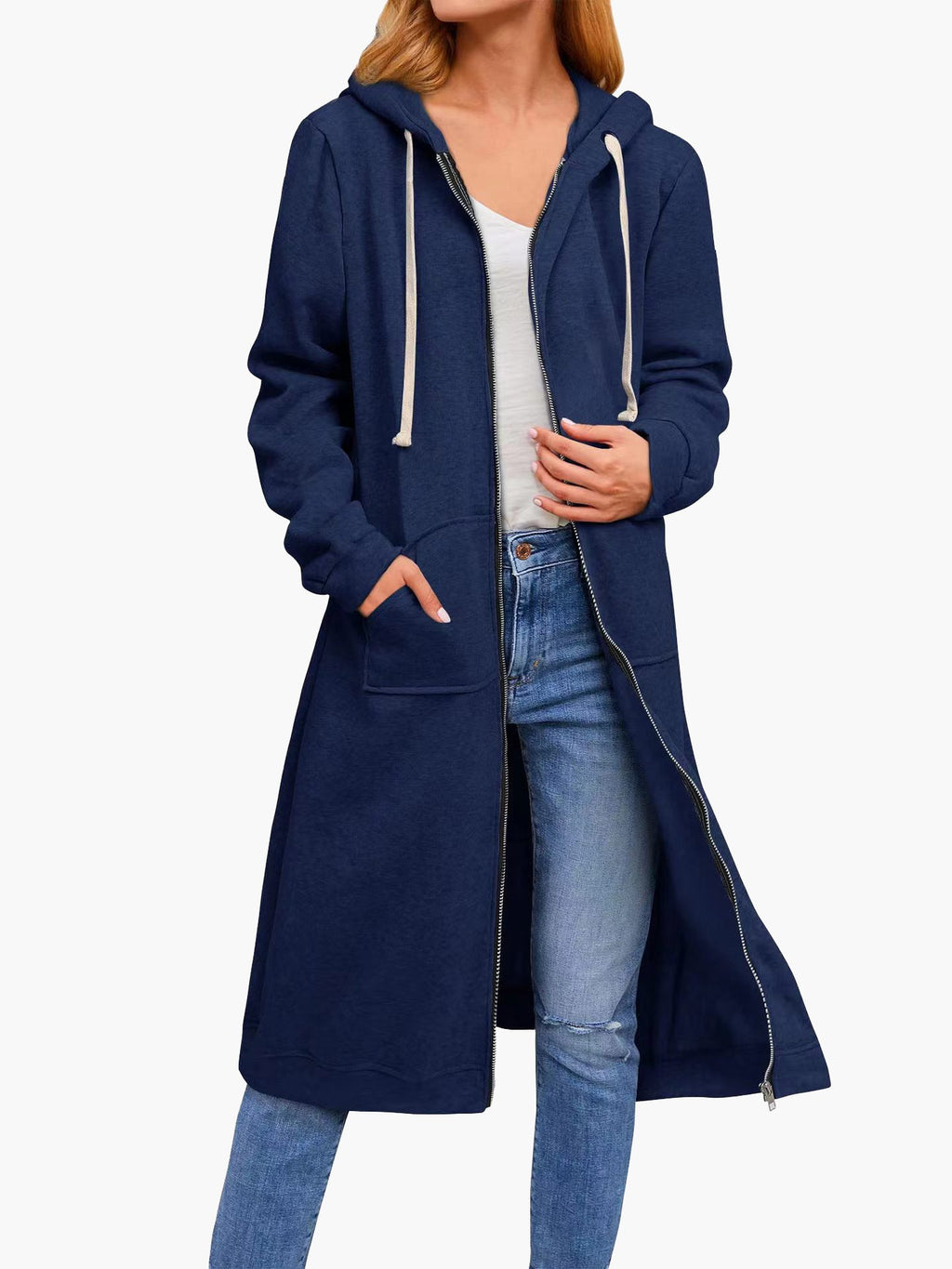 GR | Women's Casual Cardigan with Zipper, Pockets, and Hood, Long