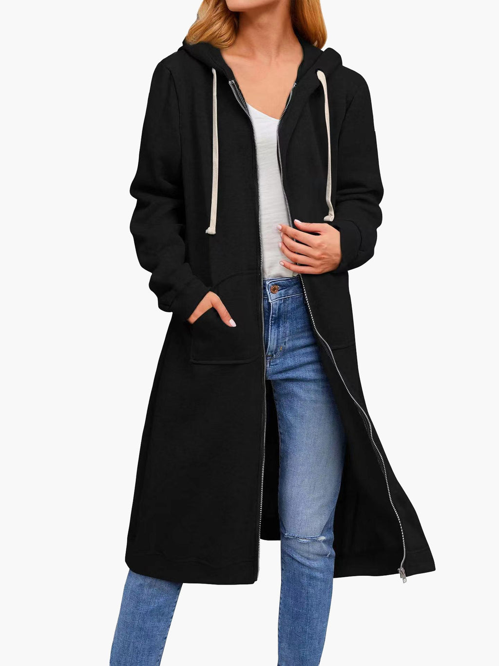 GR | Women's Casual Cardigan with Zipper, Pockets, and Hood, Long